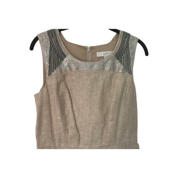 Ann Taylor Loft Dress Womens Size 4 Beige 100% Linen Sleeveless Sequin Sheath - Picture 2 of 11